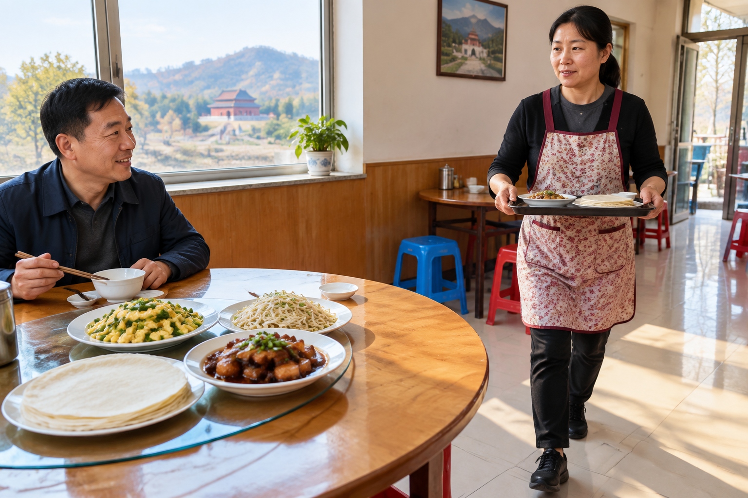 A village restaurant table near the Ming Tombs set with spring pancakes and plates of braised pork, eggs and bean sprouts.
