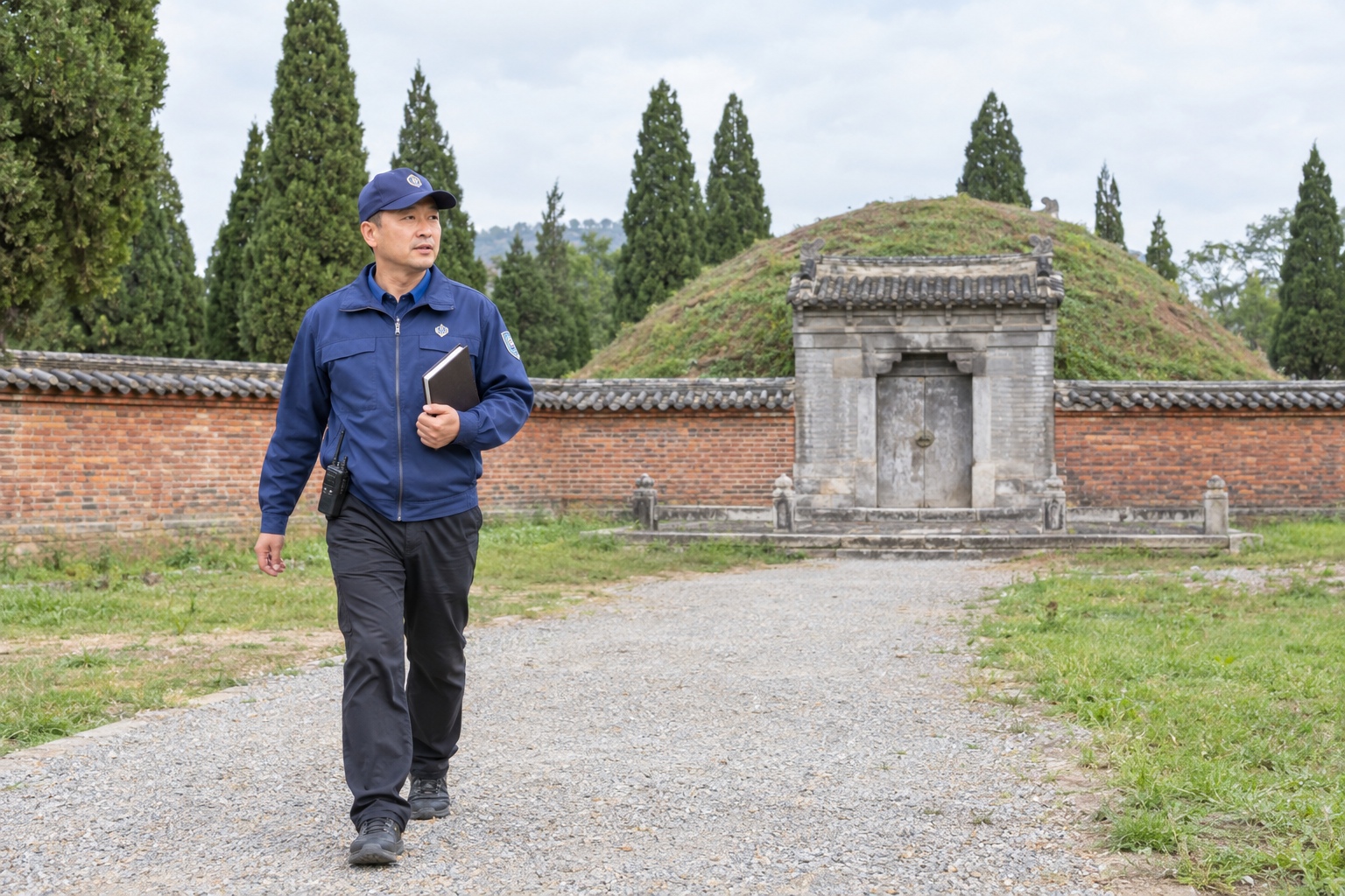 A heritage warden with a radio and notebook patrolling behind an unopened tomb in the Ming Tombs valley in Changping, Beijing.
