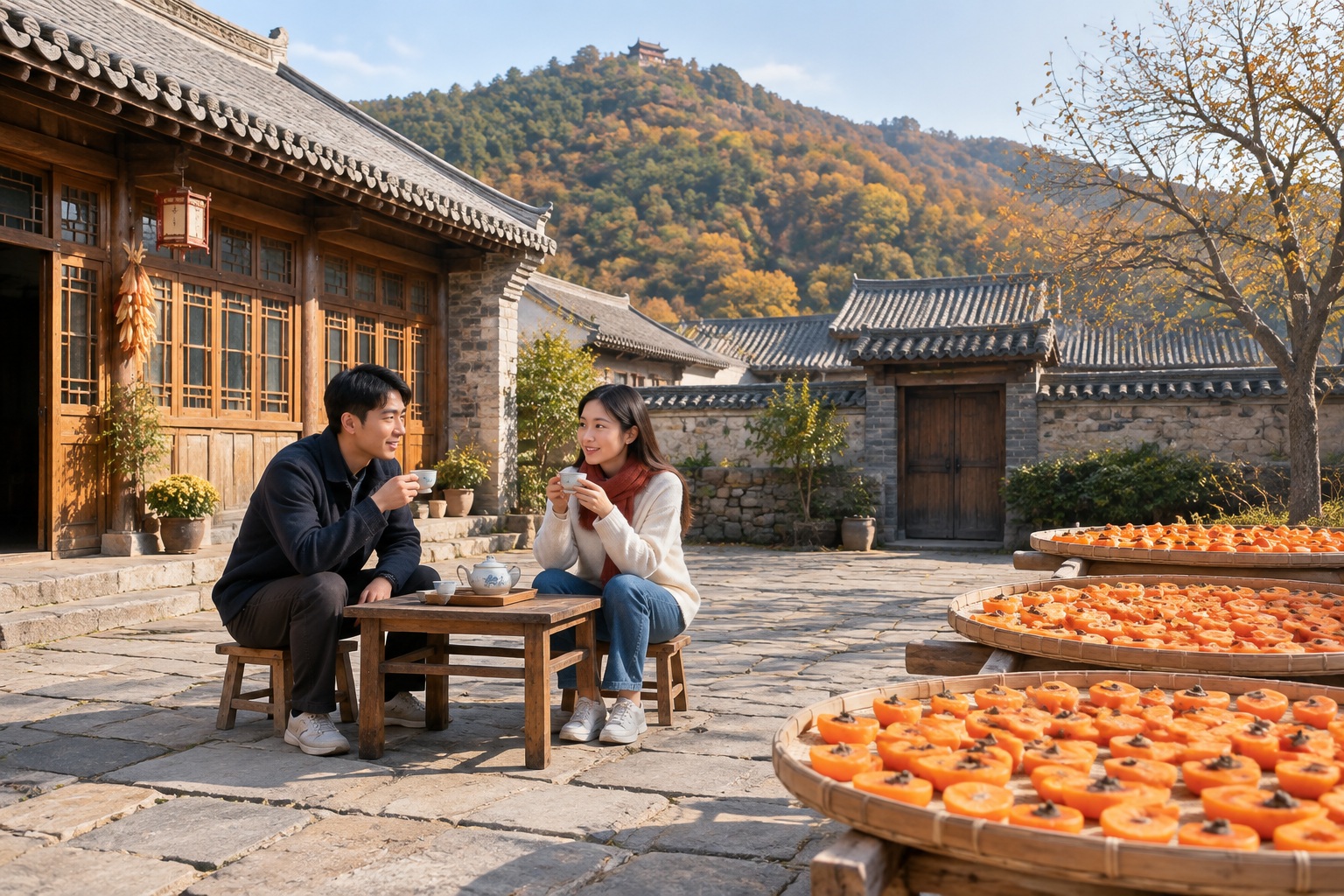 A courtyard guesthouse in a Ming Tombs village with trays of sliced persimmons drying and a young couple drinking tea in late autumn.