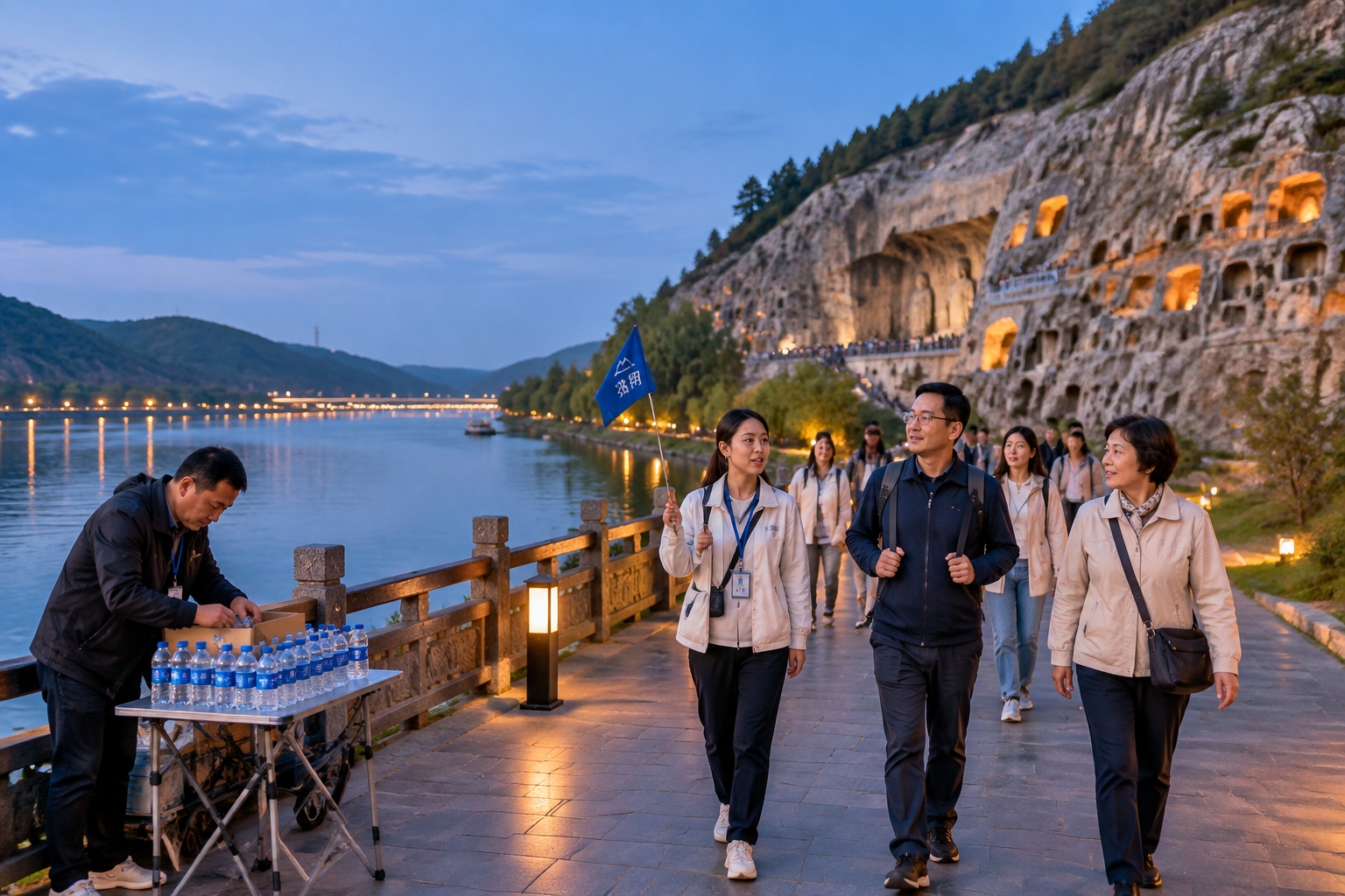 Longmen Grottoes: The Vairocana Buddha at Night Is More Stunning Than by Day 22 Visitors walking the riverside path at the north entrance of the Longmen Grottoes at dusk, with illuminated cave openings in the limestone cliff on the right