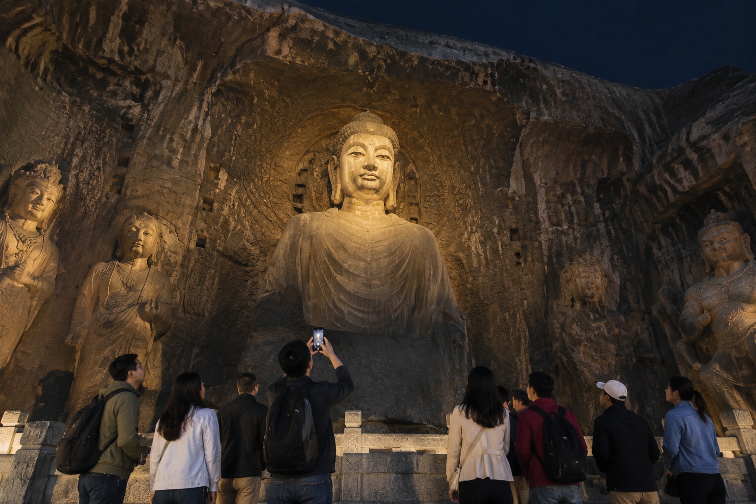 Longmen Grottoes: The Vairocana Buddha at Night Is More Stunning Than by Day 23 Tourists photographing the illuminated Vairocana Buddha from the platform at Fengxian Temple in the Longmen Grottoes at night