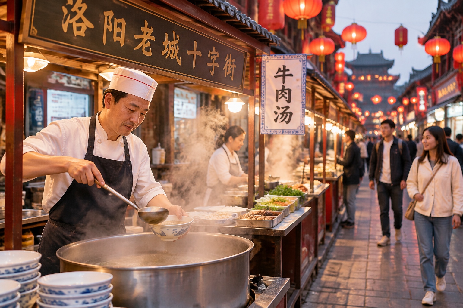 Longmen Grottoes: The Vairocana Buddha at Night Is More Stunning Than by Day 25 Steam rising from food stalls at the Cross Street night market in Luoyang old town, with red lanterns strung overhead