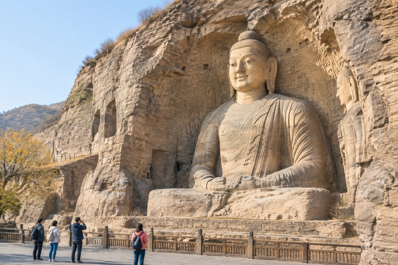 The 13.7-metre seated Buddha of Cave 20 at the Yungang Grottoes in Shanxi, China, sitting in the open air after the front wall of its cave collapsed