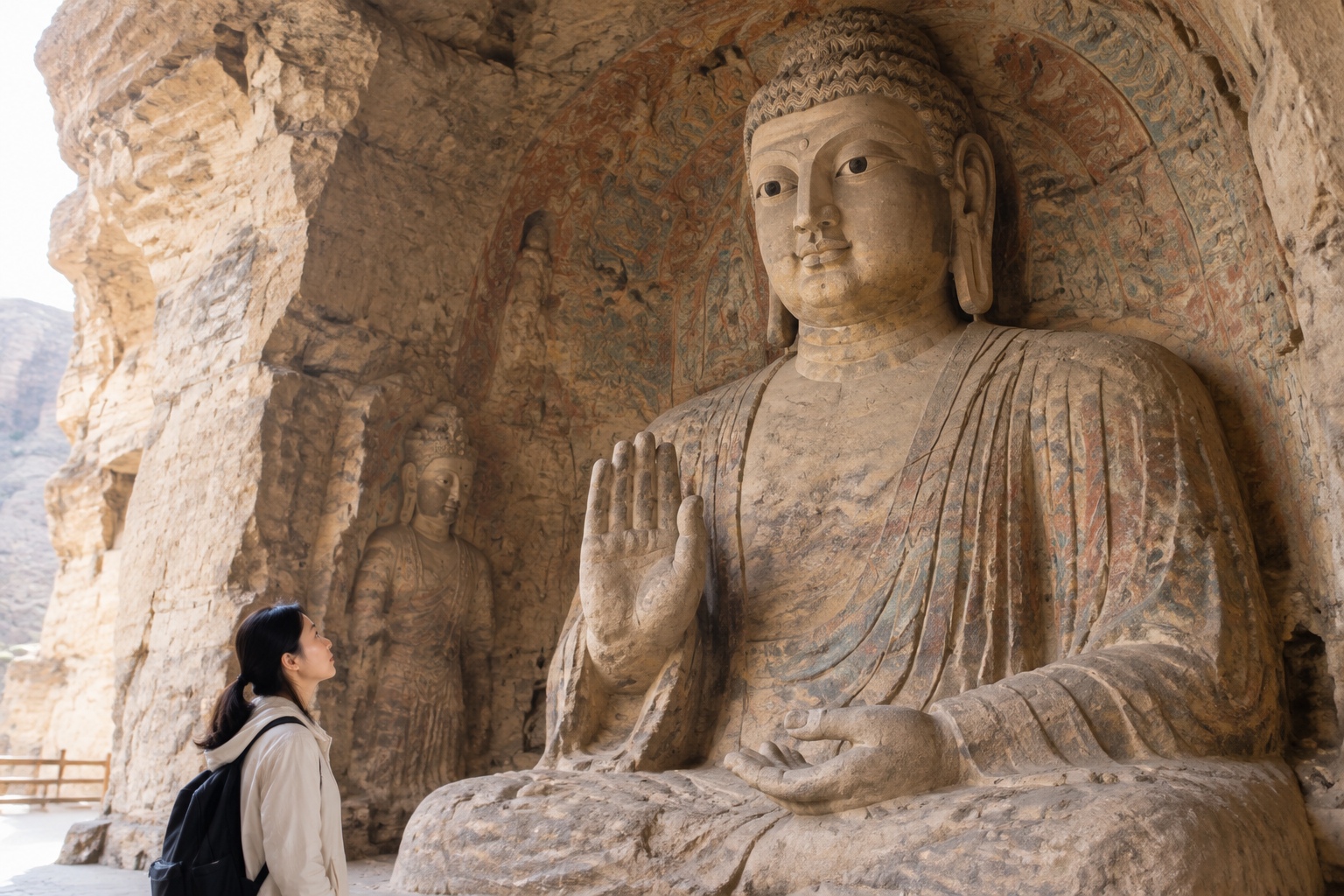 A visitor looking up at a Northern Wei Buddha with wavy hair and a straight nose inside one of the caves at the Yungang Grottoes near Datong, China