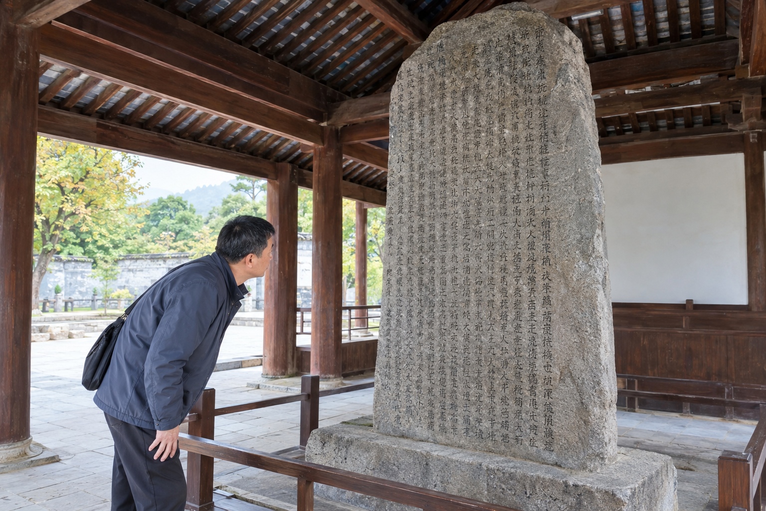 A visitor reading the fifth-century Gwanggaeto Stele, a tall granite slab covered in ancient Chinese characters, inside its protective pavilion in Ji'an, China.