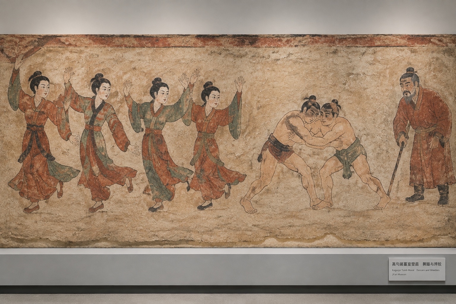 A museum reproduction of a Koguryo tomb mural showing dancers and two wrestlers, displayed at the Ji'an Museum in Jilin province, China.