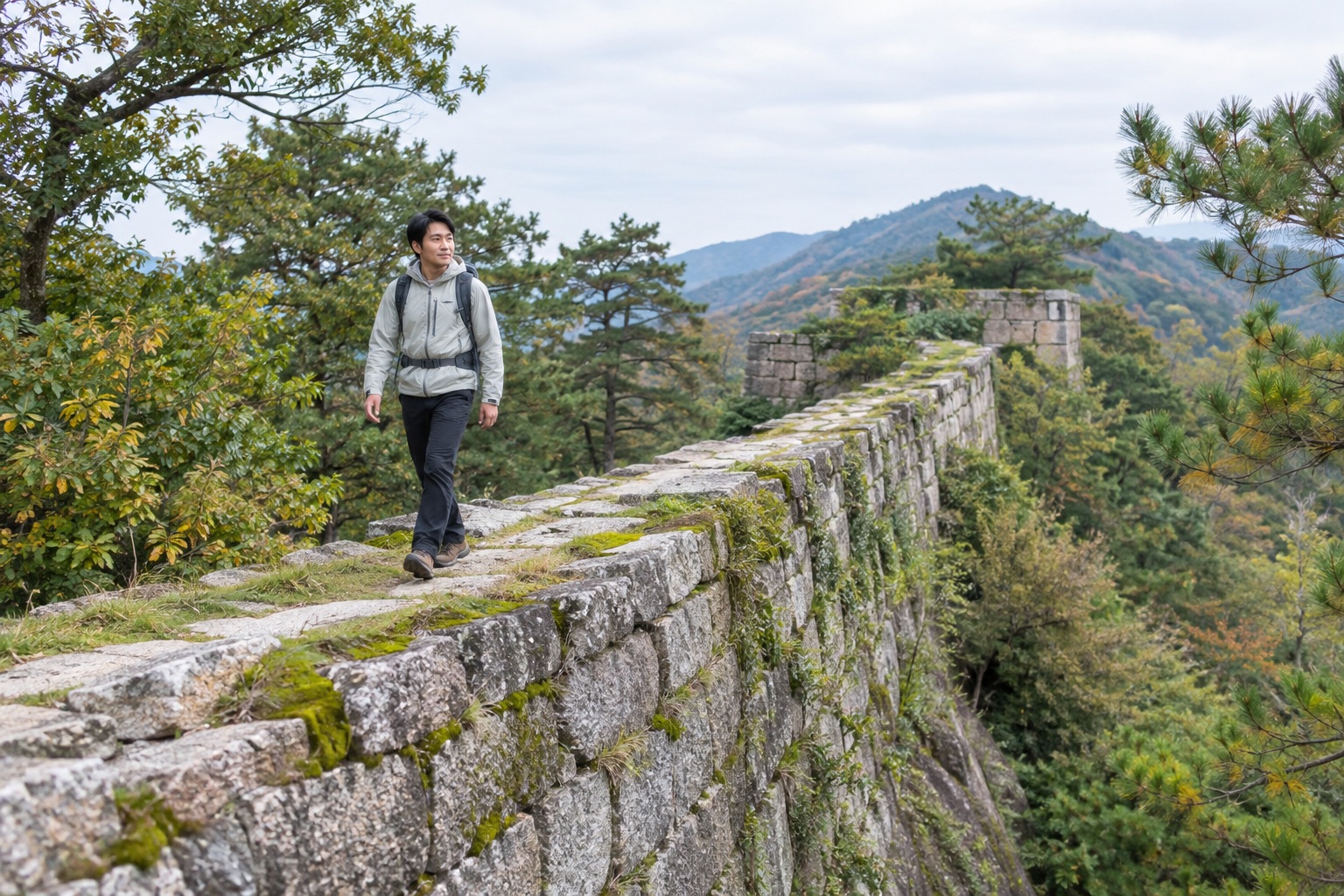 The ancient stone walls of Wandu Mountain City, a Koguryo mountain fortress, running along a wooded ridge near Ji'an in northeast China.