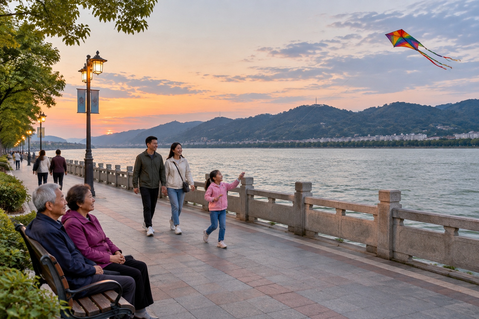 Families walking along the Yalu River promenade in Ji'an, China, at dusk with the hills of North Korea visible across the water.