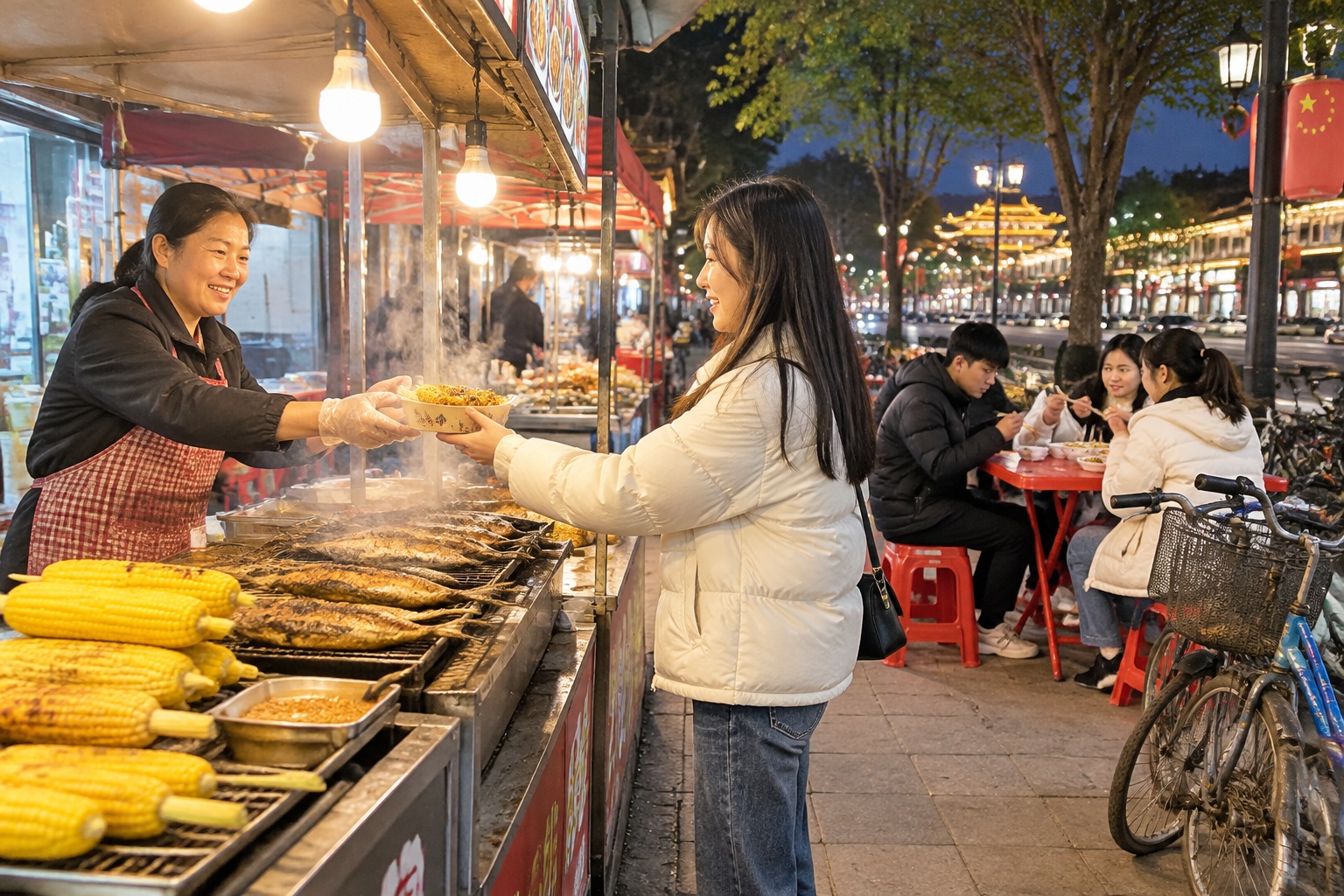 An evening food street in Ji'an, China, where stalls grill corn and Yalu River fish for local customers.