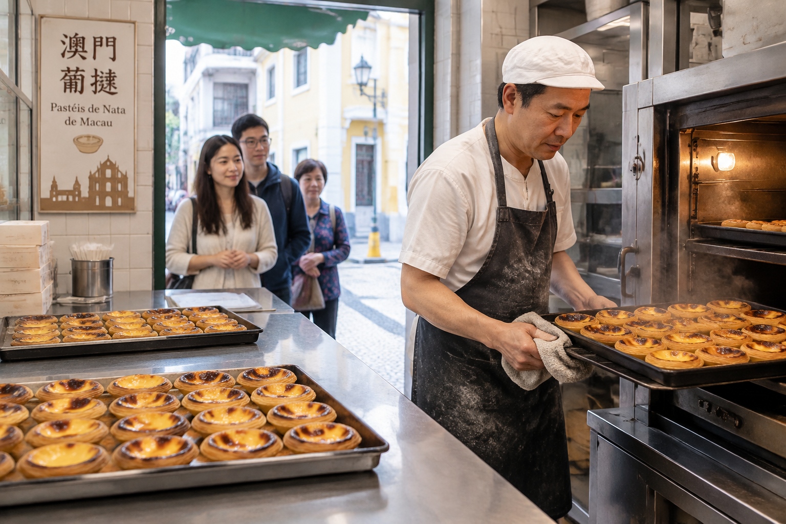Trays of freshly baked Portuguese-style egg tarts cooling on a counter inside a small Macao bakery while a baker works behind them