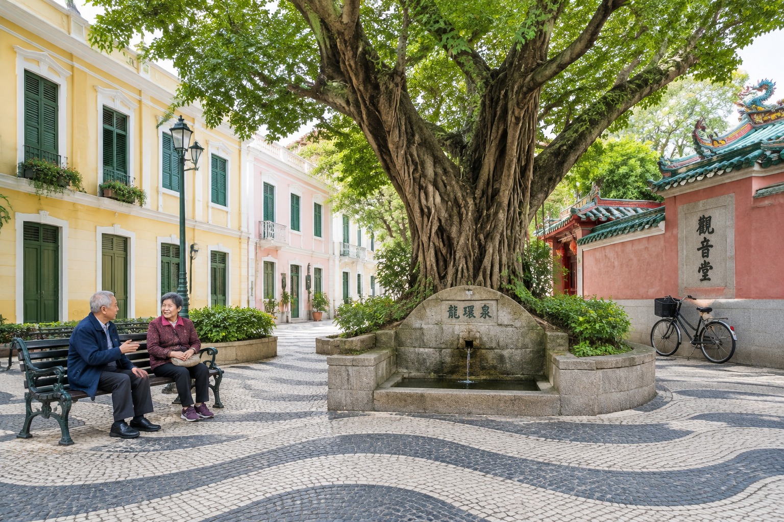 Elderly residents sitting on a bench under a banyan tree at Largo do Lilau square in Macao, surrounded by Portuguese pavement and pastel colonial buildings