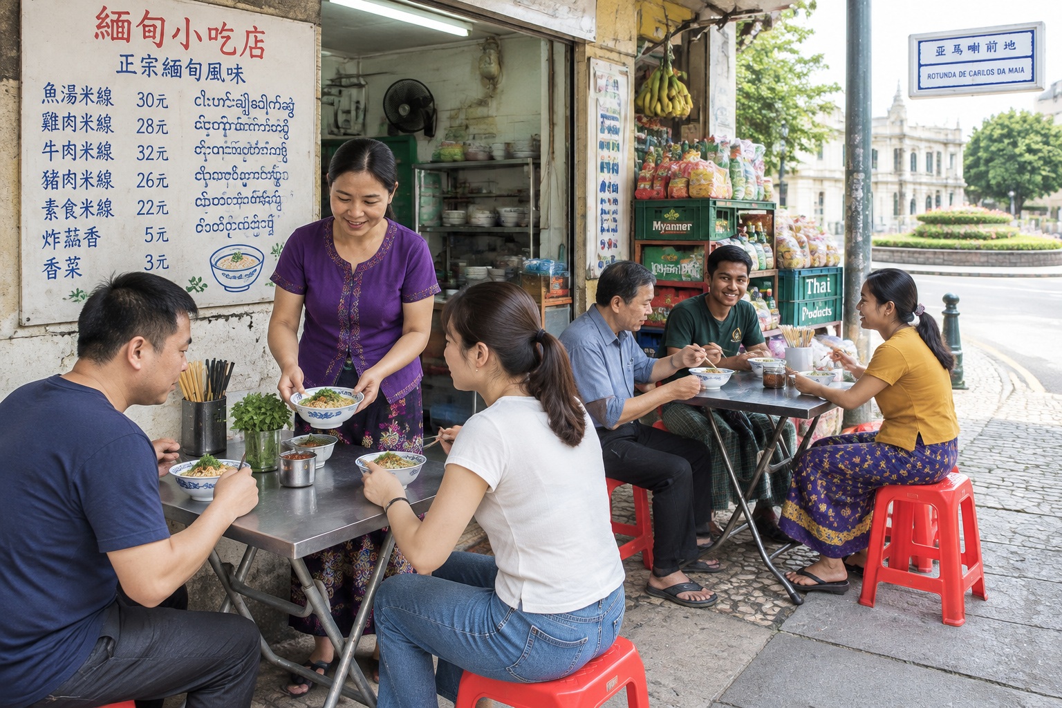 Customers eating Burmese-style noodles at plastic tables outside a small noodle shop near the Rotunda de Carlos da Maia in Macao