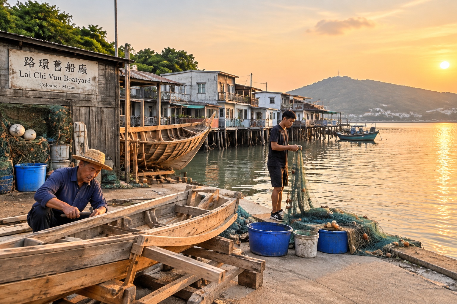 Weathered stilt houses and old wooden boat frames on the waterfront at Coloane Village in Macao during golden hour