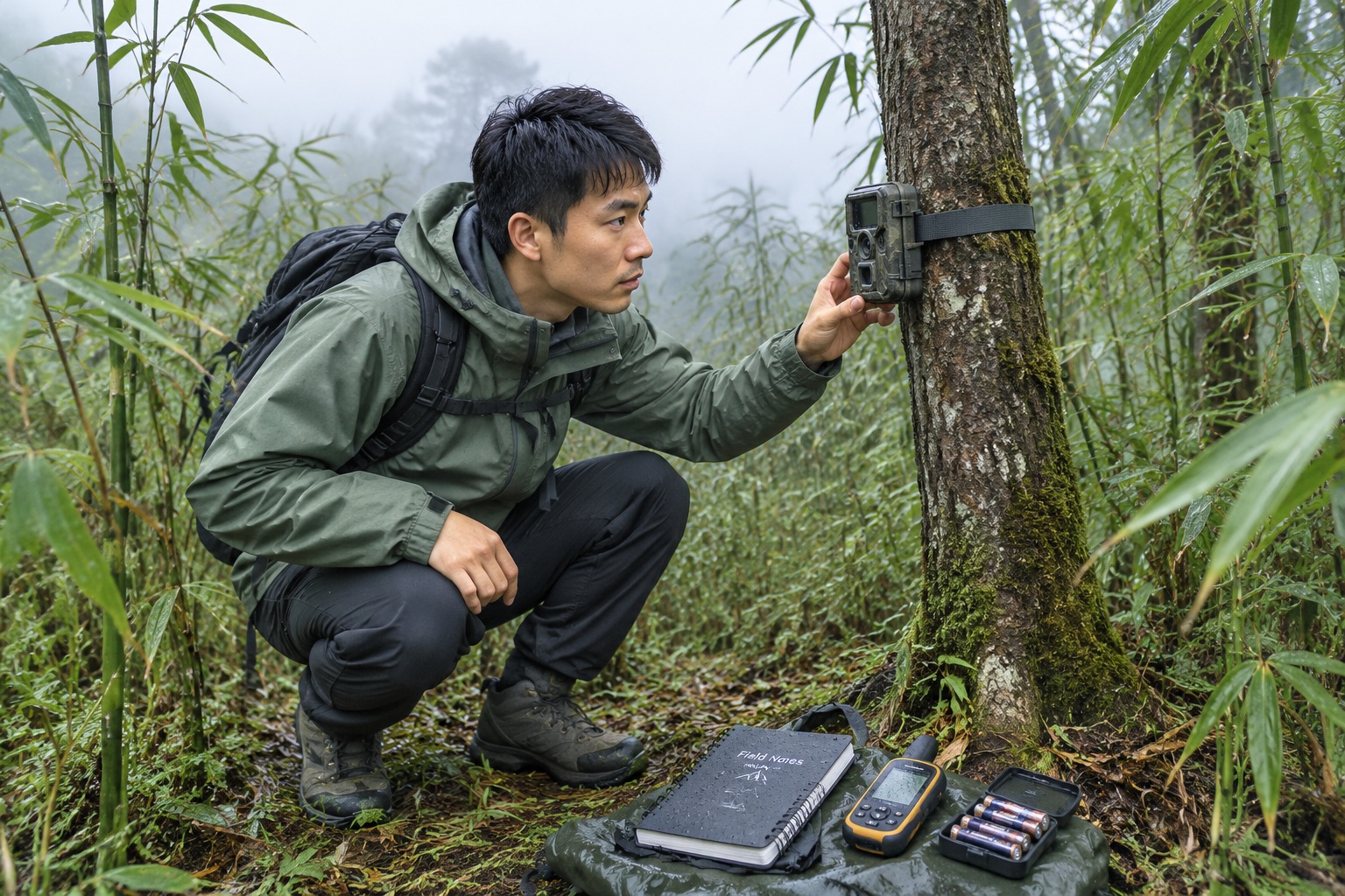 A field researcher crouching to check a camera trap in a foggy bamboo forest in the Qinling mountains of Shaanxi, China