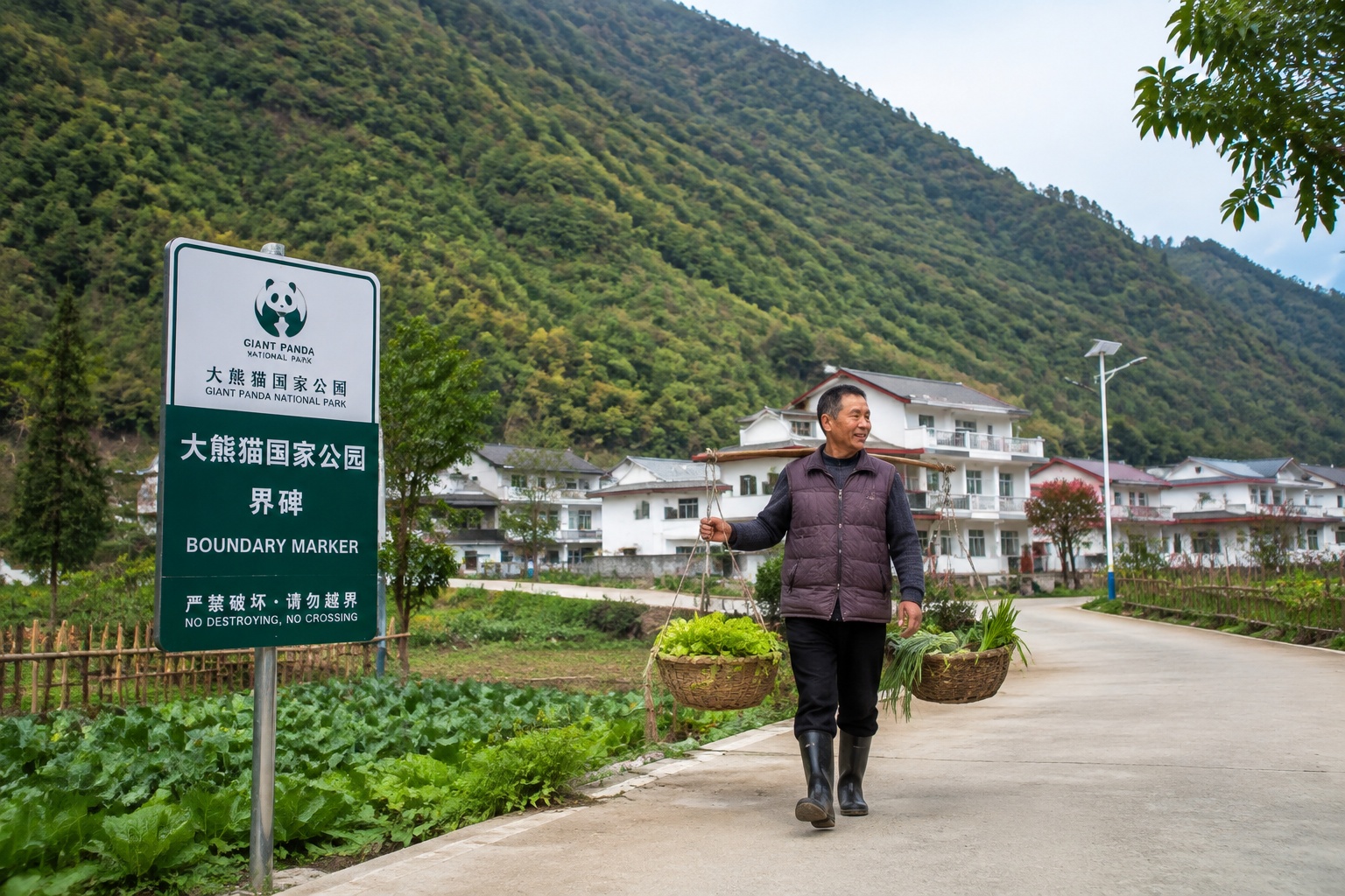 A farmer walking past a national park boundary sign in a village at the foot of a forested mountain in Sichuan, China