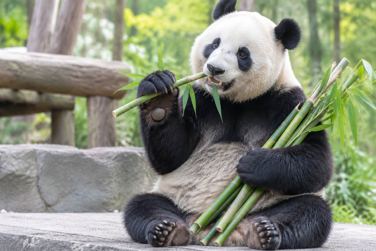 A giant panda sitting upright in a bamboo enclosure in Sichuan and gripping a bamboo culm with the enlarged wrist bone known as the pseudo-thumb