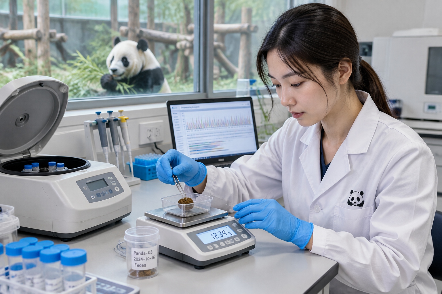 A technician in a Chinese research laboratory weighing a labeled panda fecal sample beside a centrifuge before gut microbiome sequencing