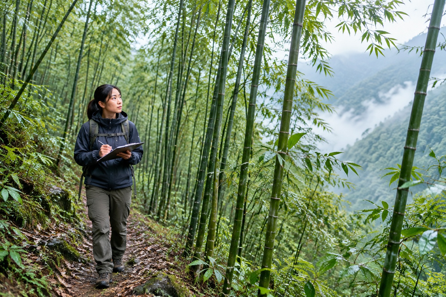 A ranger walking a narrow trail through dense arrow bamboo on a misty slope in the Qinling Mountains of Shaanxi, China