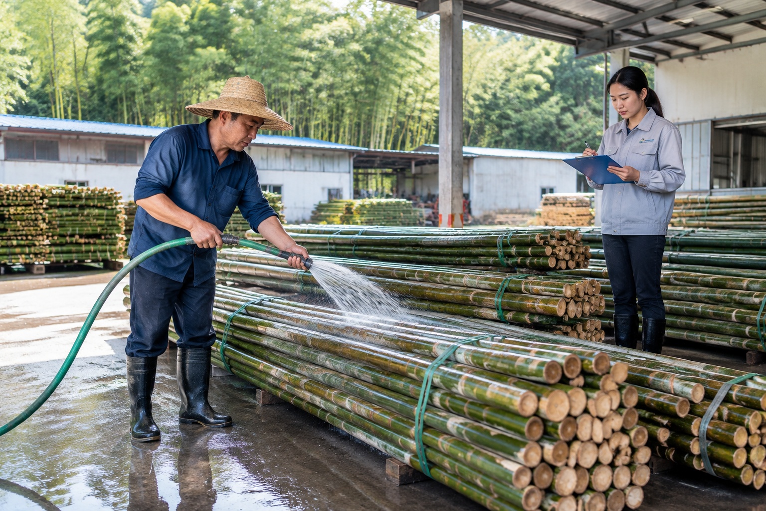 Workers hosing down and sorting bundles of cut bamboo at a supply yard behind a panda base in Chengdu, China