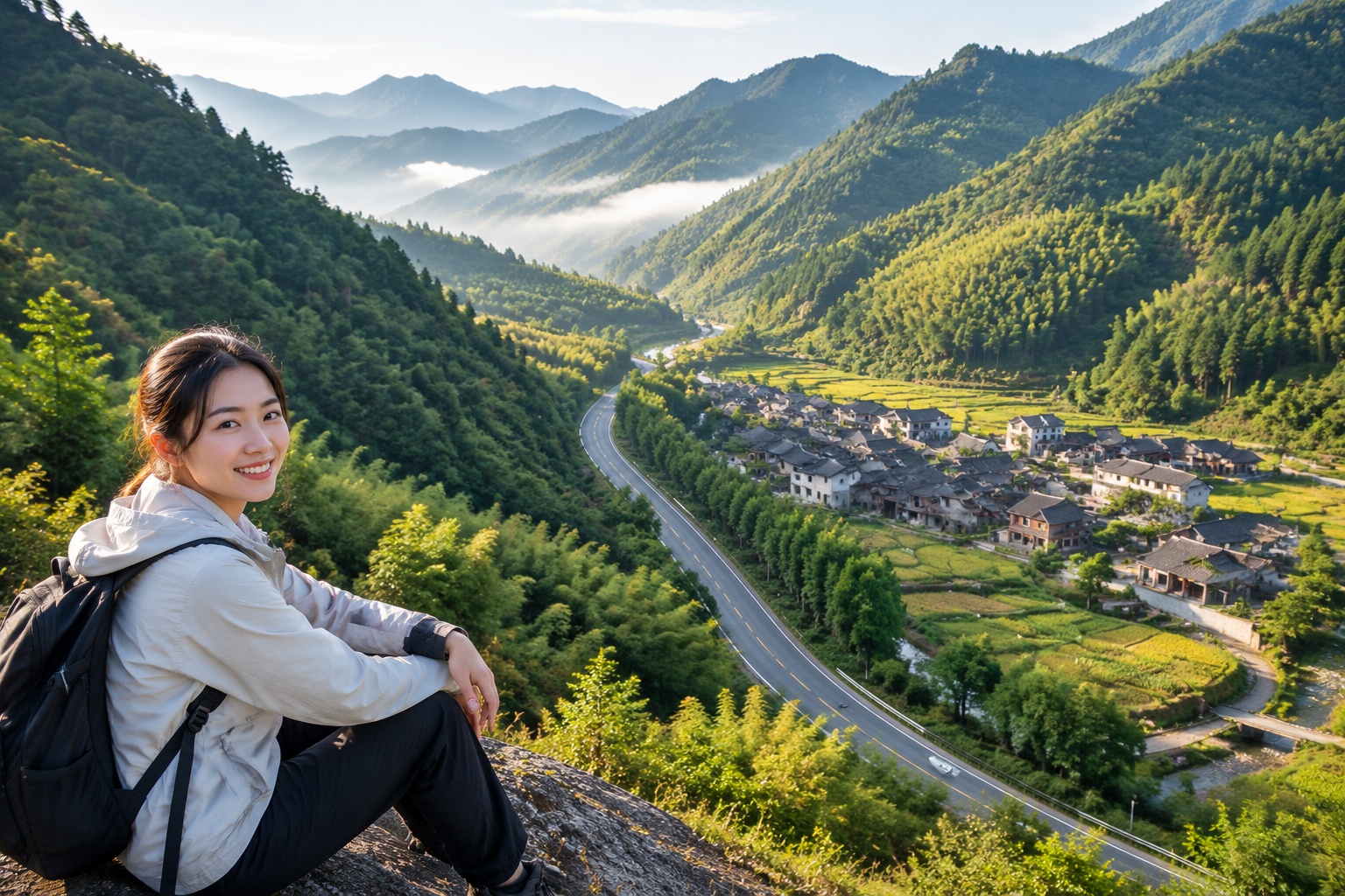 A mountain valley in Sichuan seen from a ridge, with dark forest and bamboo patches divided by a road, a village and terraced fields, showing how wild panda habitat is fragmented