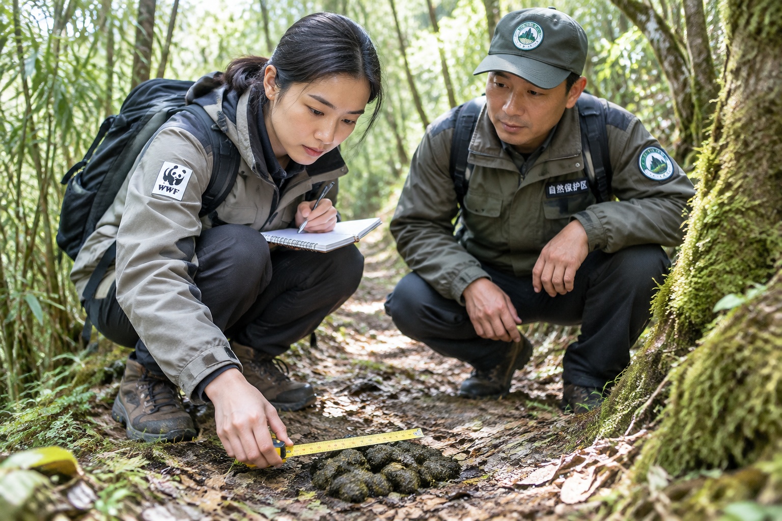 A researcher and a ranger crouching on a forest trail examining giant panda droppings beside dense bamboo in a Chinese mountain reserve