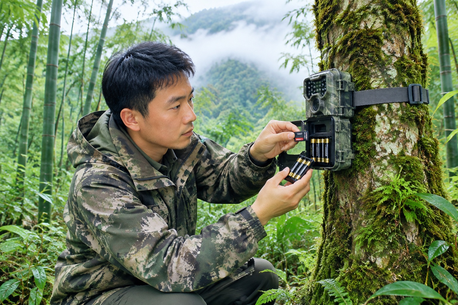 A ranger changing the batteries in an infrared camera trap mounted on a tree trunk inside dense bamboo forest