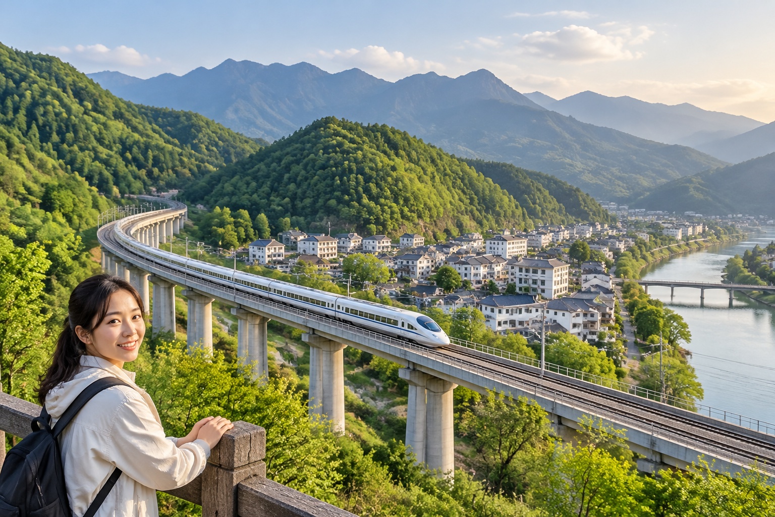 The small town of Foping in Shaanxi with a high-speed railway viaduct running past forested hills at the edge of wild panda habitat