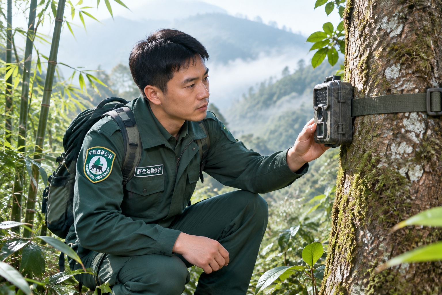 Wildlife ranger checking a camera trap in a misty mountain forest in Sichuan, China