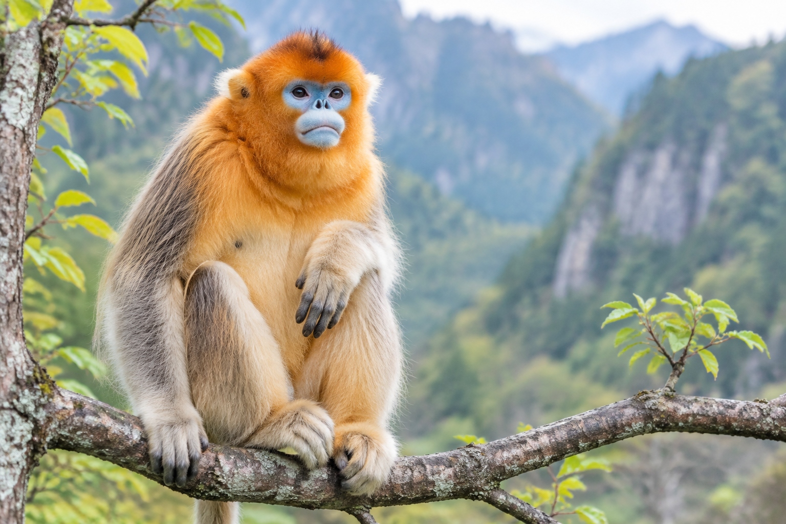 Golden snub-nosed monkey in a temperate mountain forest in China