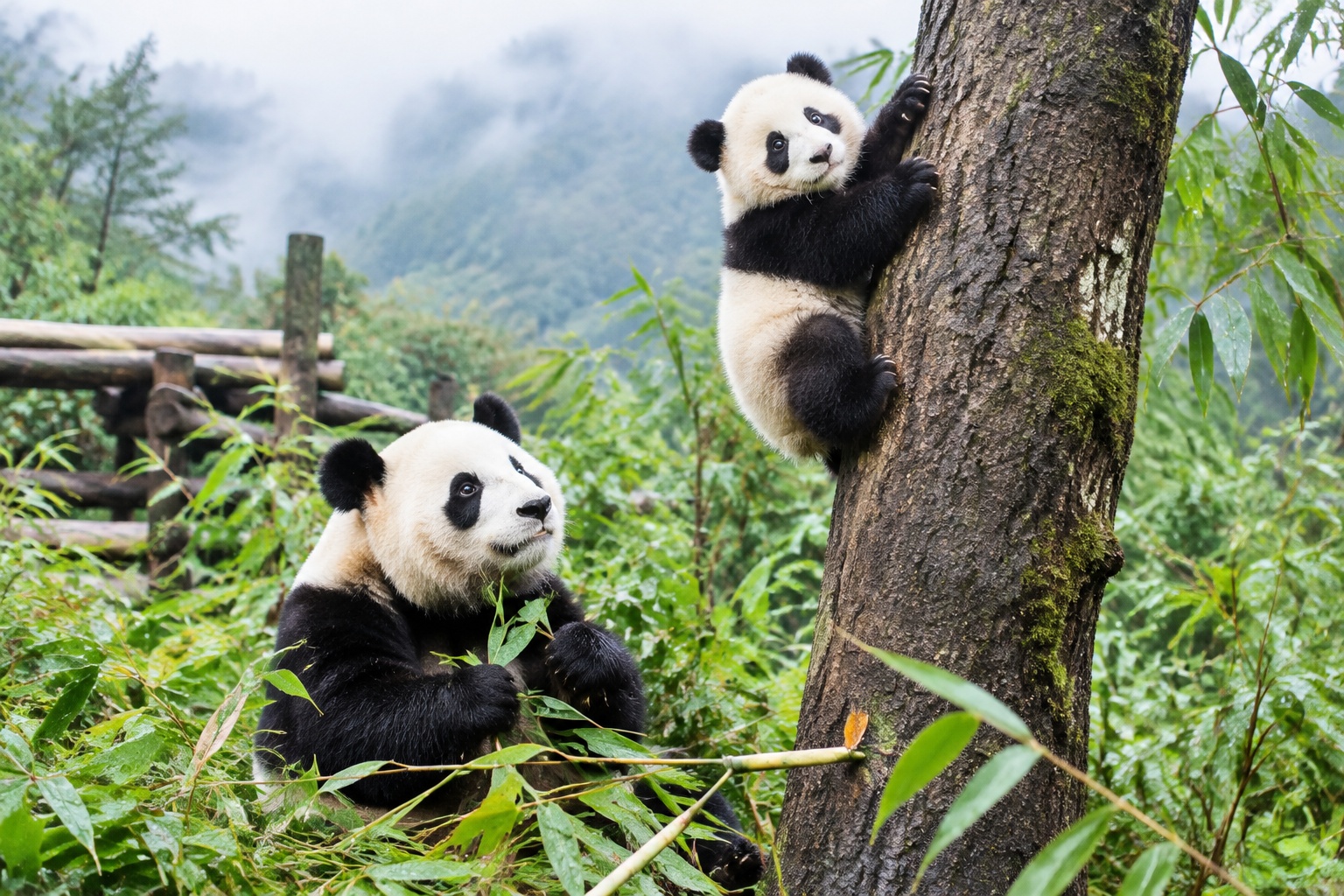 A giant panda cub climbs a tree while its mother watches in a semi-wild bamboo enclosure at Wolong, Sichuan.