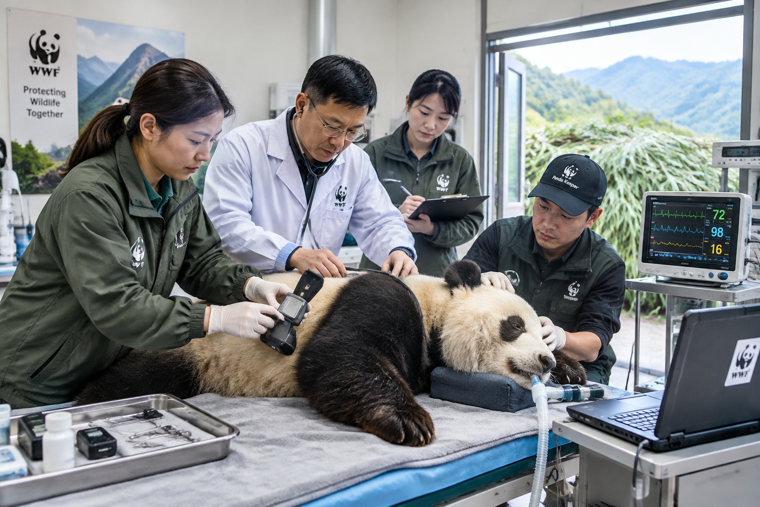Veterinarians prepare a GPS collar and health check for a giant panda before release in Sichuan.