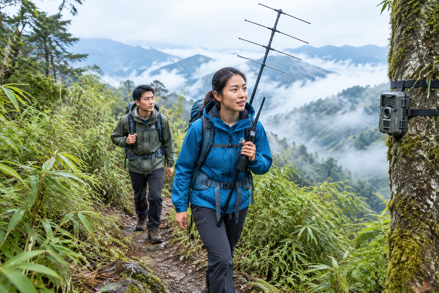 A field monitoring team carries a radio antenna through dense bamboo and mist in the Daxiangling Mountains, Sichuan.