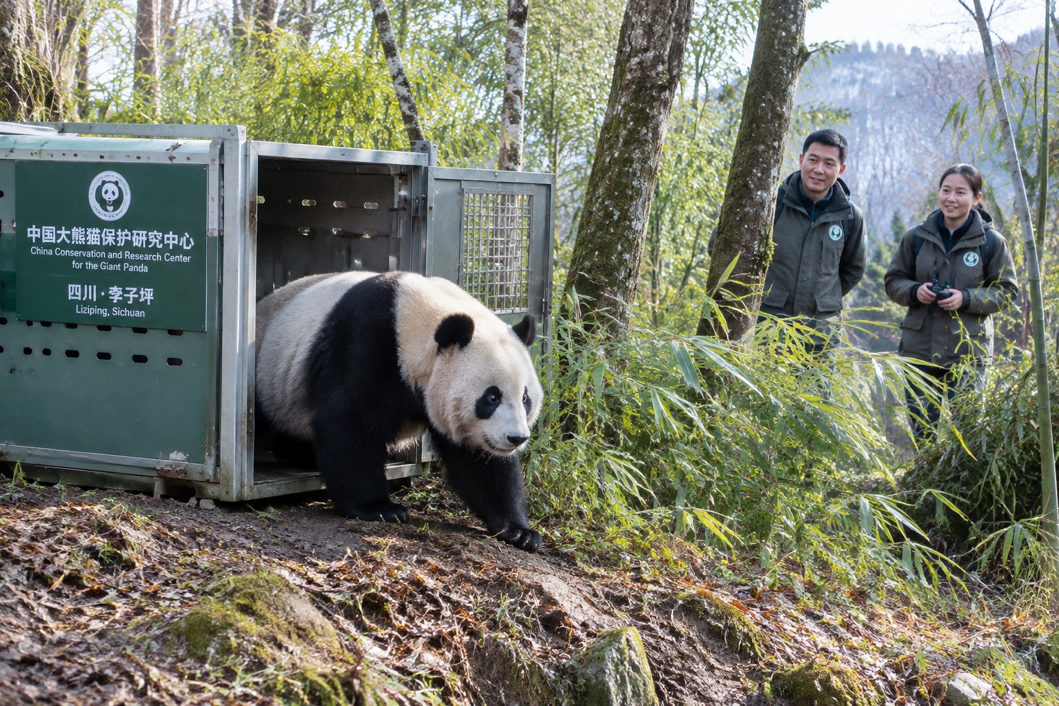 A released giant panda steps from a transport cage into mountain forest in Liziping, Sichuan.