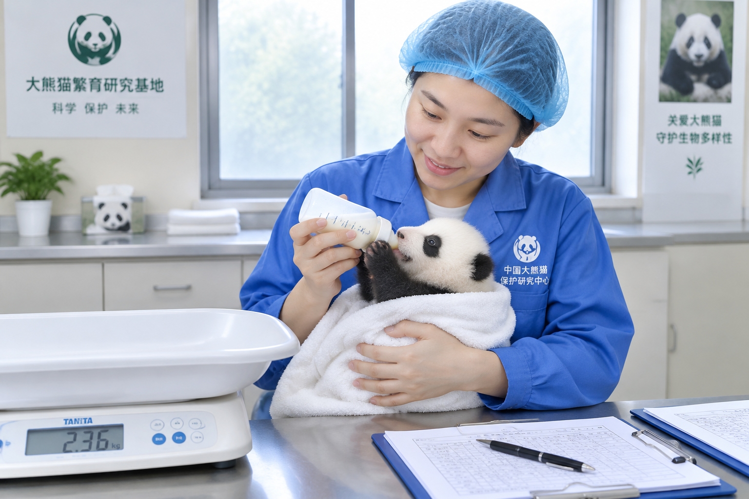 A keeper bottle-feeding a newborn giant panda cub in the nursery of a Chinese breeding research centre