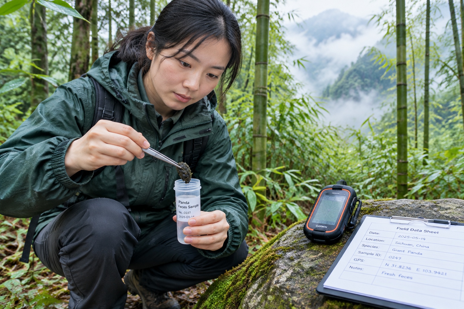A field biologist collects a panda dropping sample in a mountain bamboo forest for DNA analysis