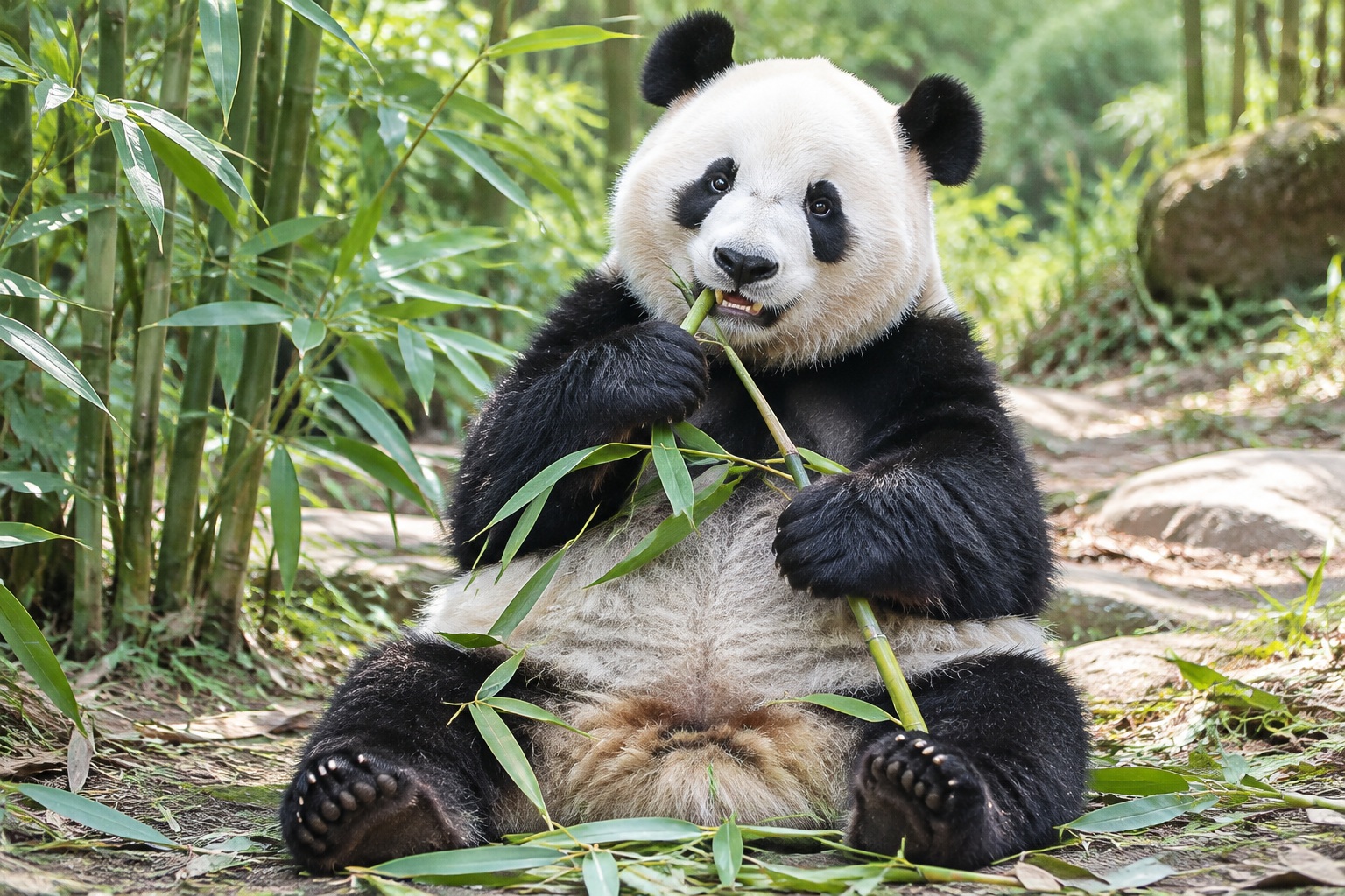 A giant panda eating bamboo in a forest, showcasing its almost exclusive bamboo diet.