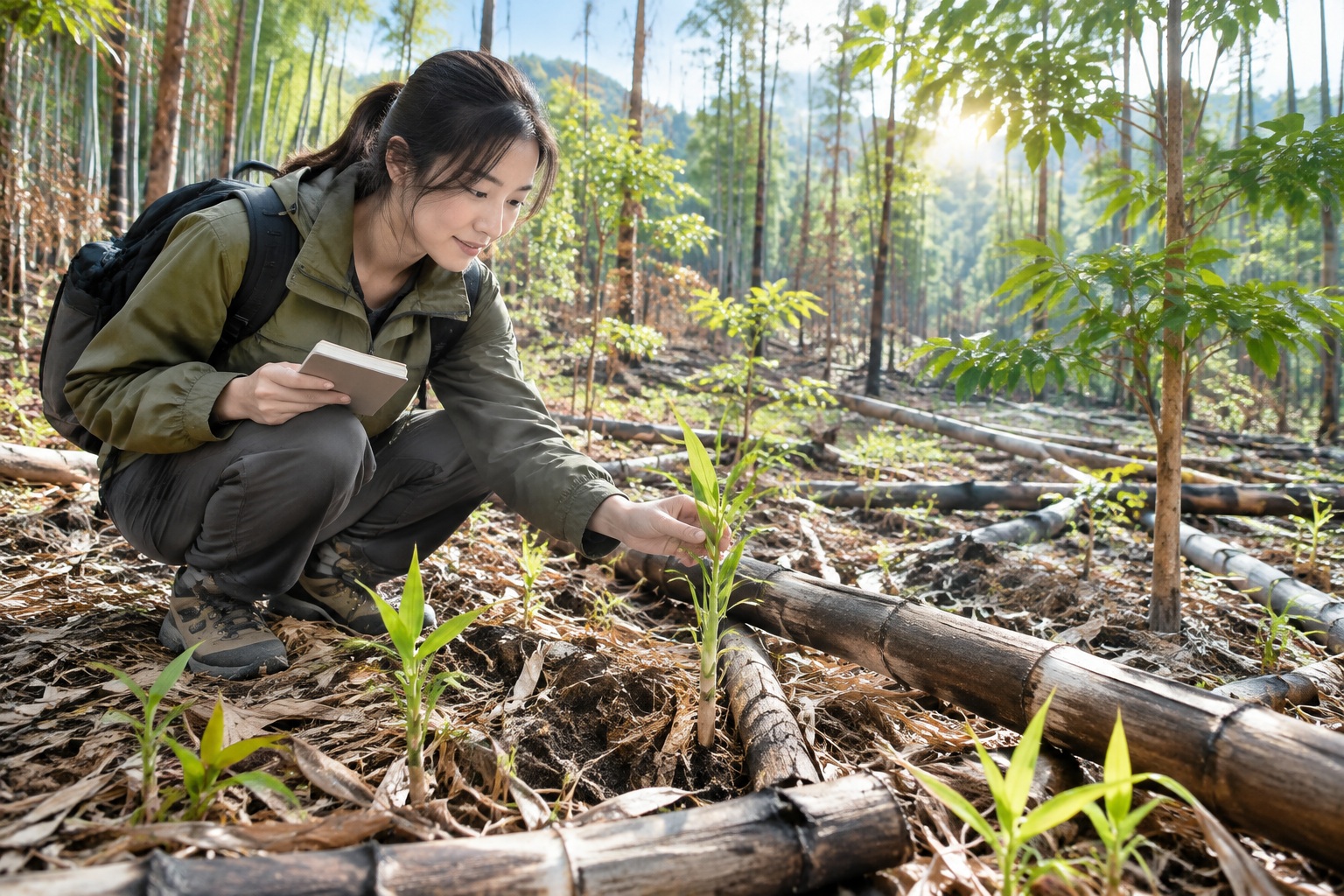 New bamboo seedlings and tree saplings sprouting on a forest floor covered with dead bamboo stalks after a flowering event.
