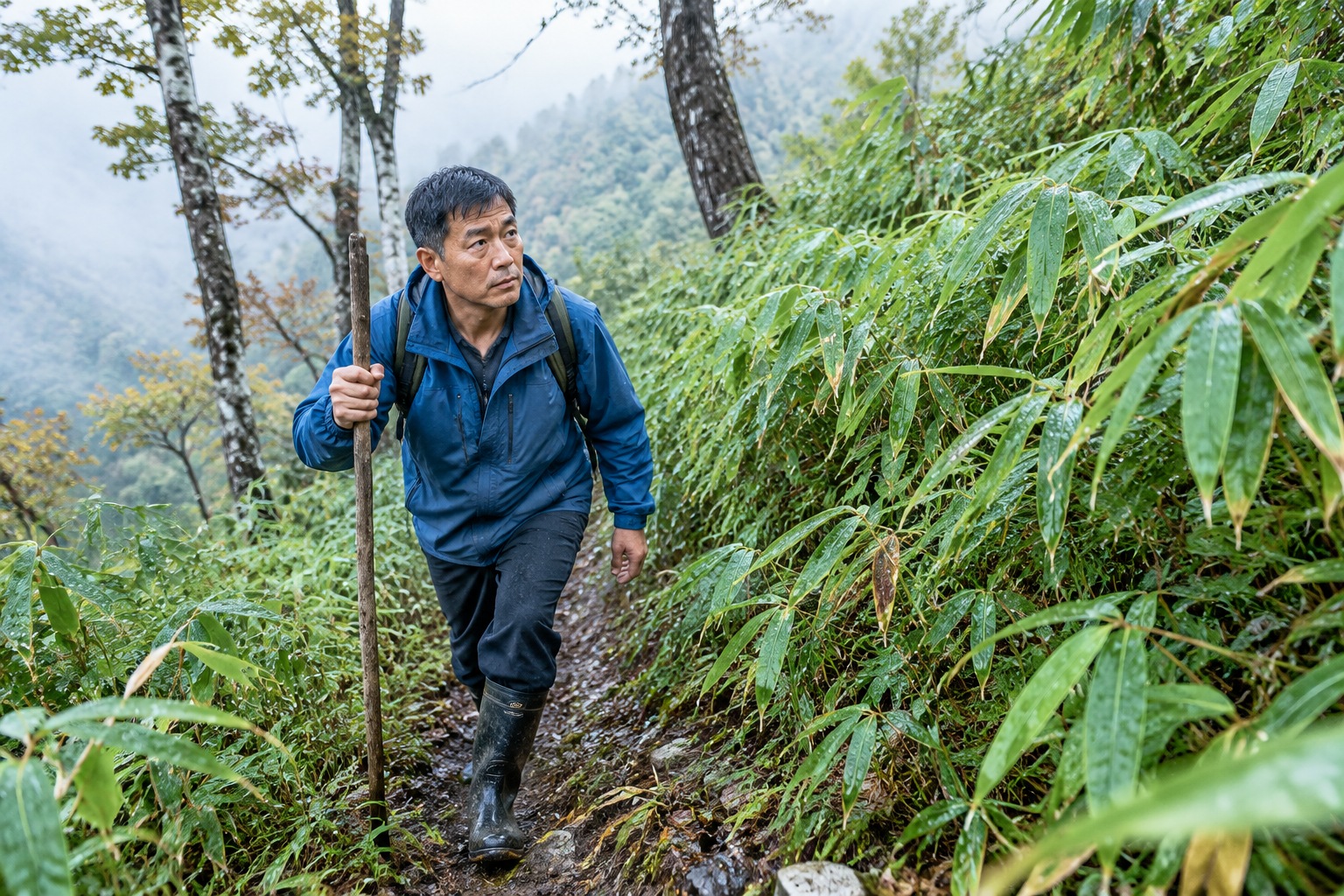 A ranger walking up a mountain trail into a dense arrow bamboo forest in the Qinling Mountains, Shaanxi, China