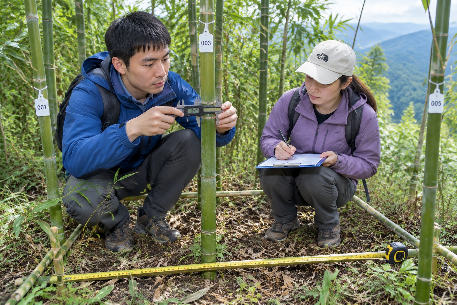Researchers measuring bamboo culms with calipers inside a tagged long-term monitoring plot in a Chinese mountain forest