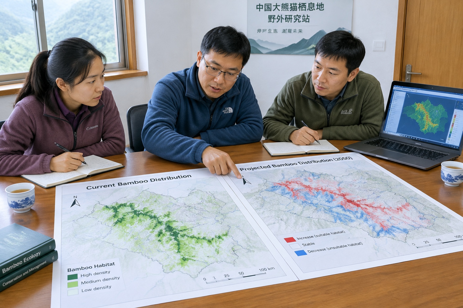Researchers comparing printed maps of current and projected 2050 bamboo habitat on a table at a Chinese field station