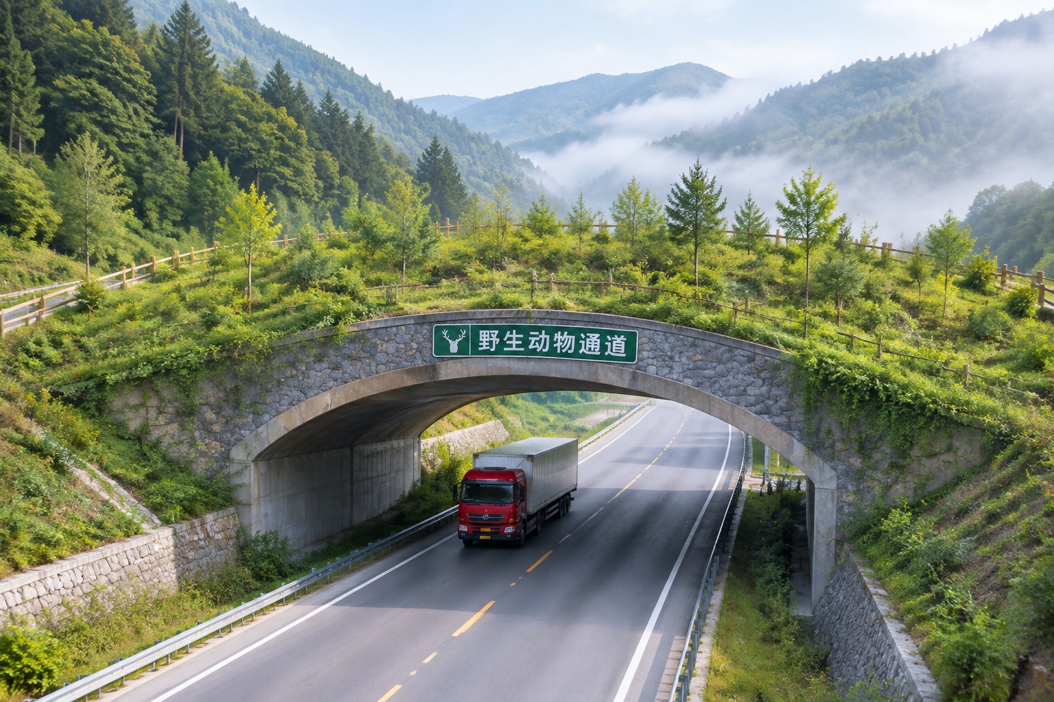 A vegetated wildlife overpass crossing a mountain highway in China, connecting forest on both sides