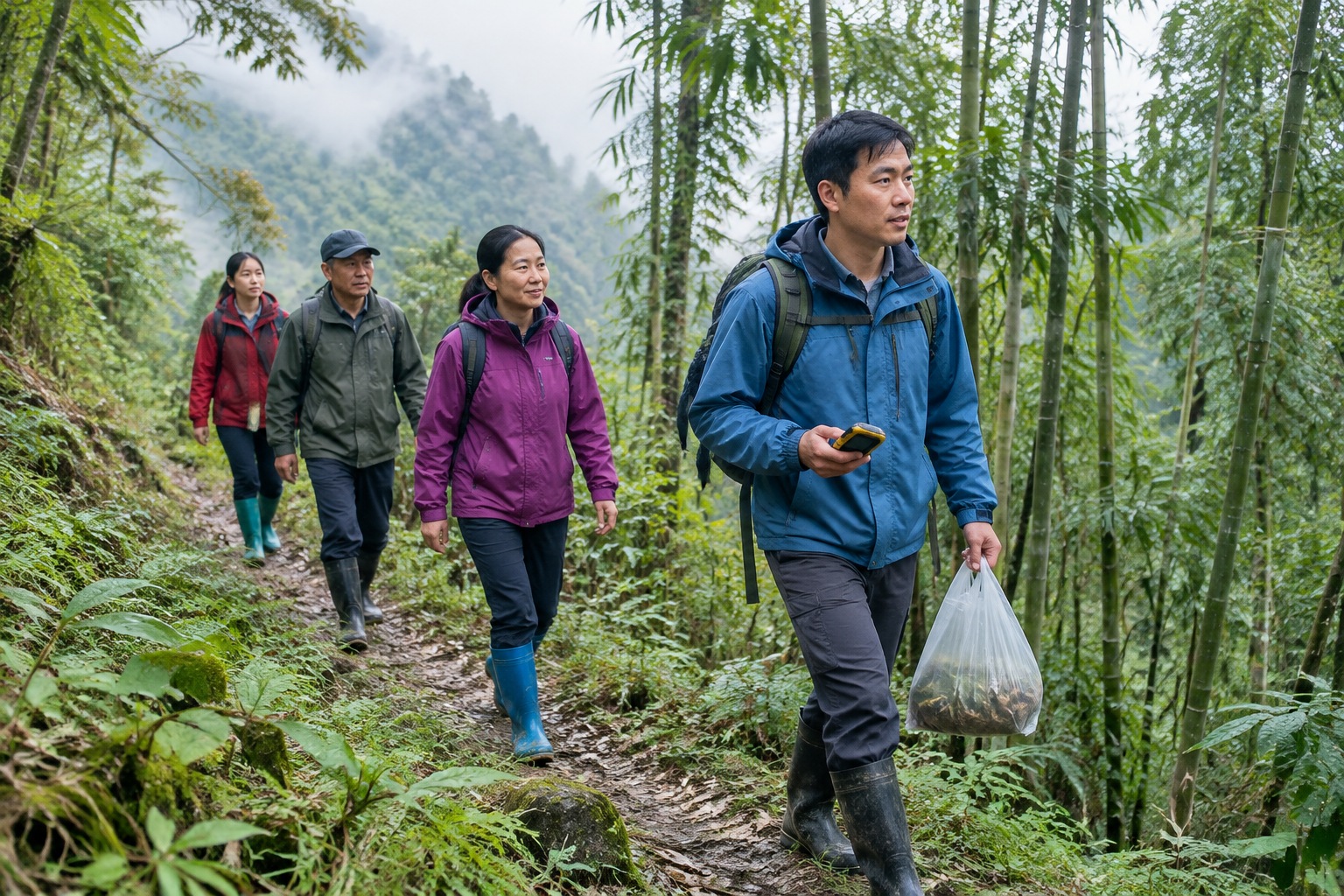 A village patrol team walking a narrow forest trail through bamboo in the mountains of Sichuan, carrying a GPS unit and collection bags