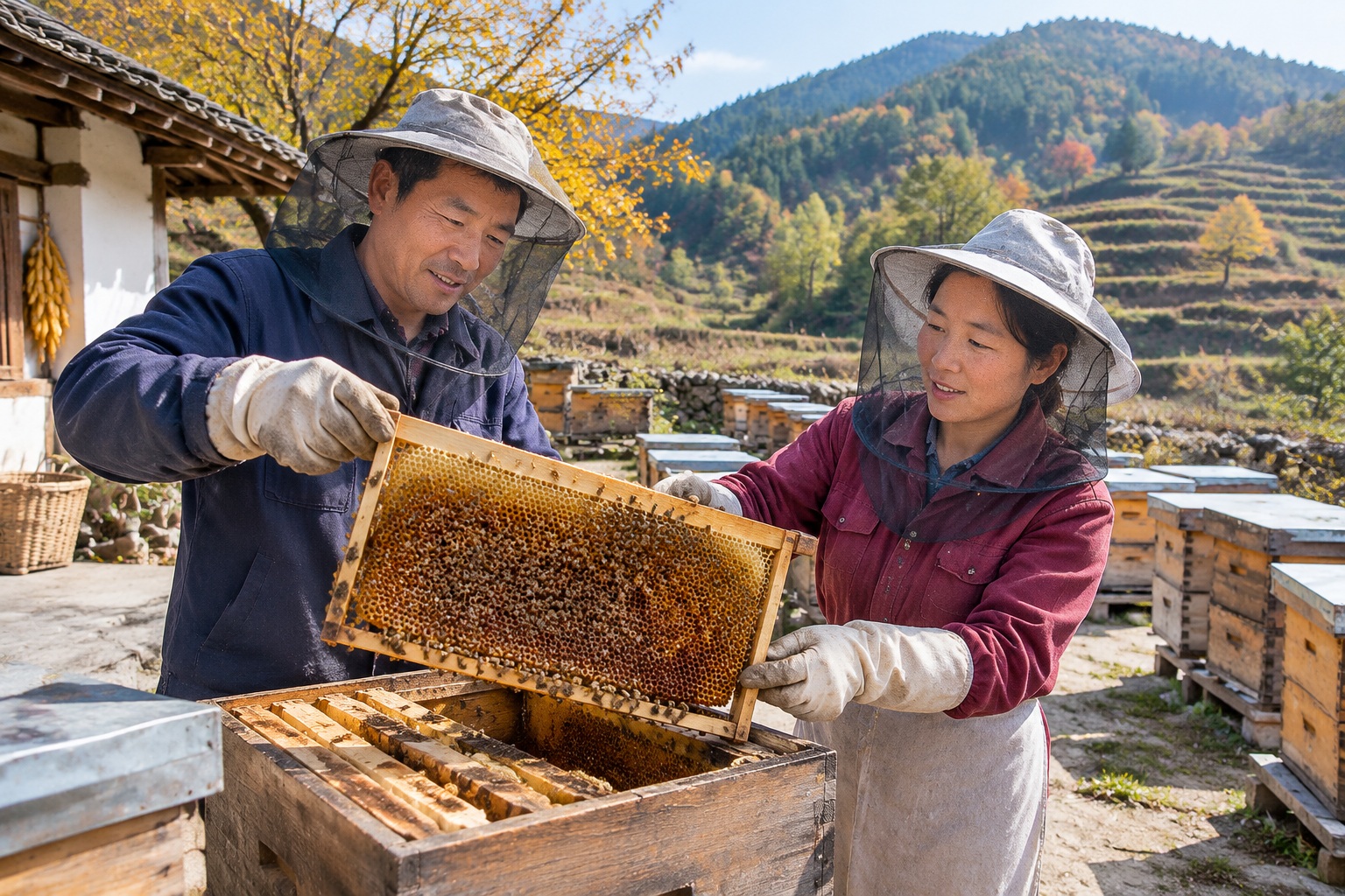 Two villagers in protective veils lifting a honeycomb frame from a wooden hive in a courtyard in rural Sichuan, with terraced fields behind them