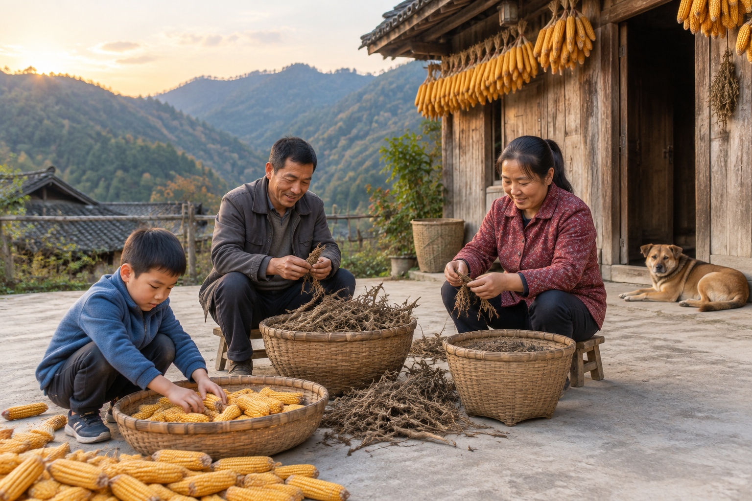 A family sorting dried corn and medicinal roots in the courtyard of a mountain farmhouse in Sichuan at dusk, with a dog resting nearby