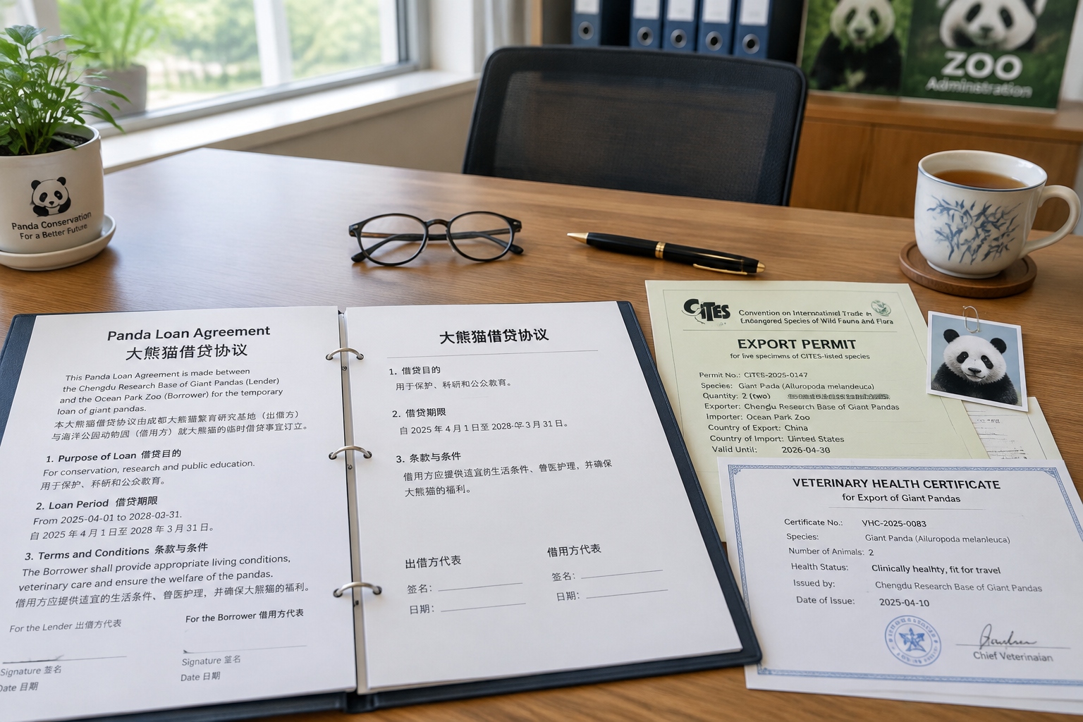 A bilingual panda loan agreement and CITES export permit spread out on a desk in a zoo office, showing the paperwork behind an international panda transfer.