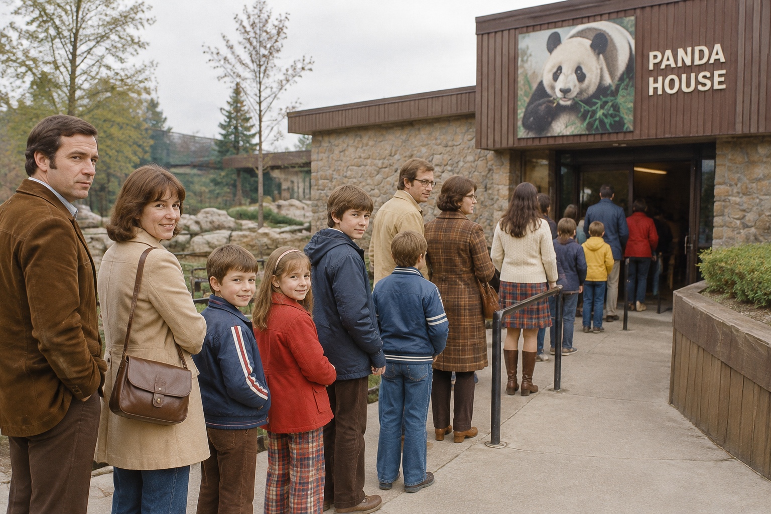 Families and schoolchildren queueing outside a zoo panda house in the 1970s, reflecting the crowds that greeted gifted pandas during the Cold War era.
