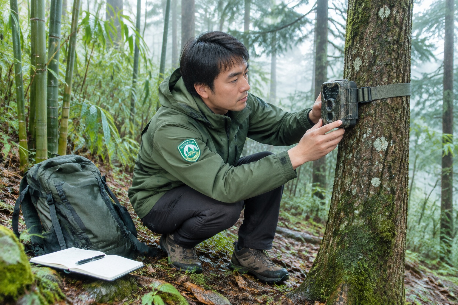 A ranger checking an infrared camera trap in a bamboo forest in the Qinling mountains, part of wildlife monitoring inside the Giant Panda National Park.