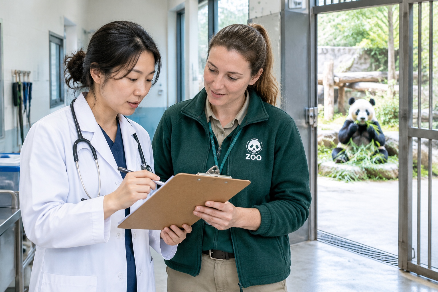 A Chinese veterinarian and an American zoo curator reviewing a health chart together during a joint giant panda research programme at a zoo.