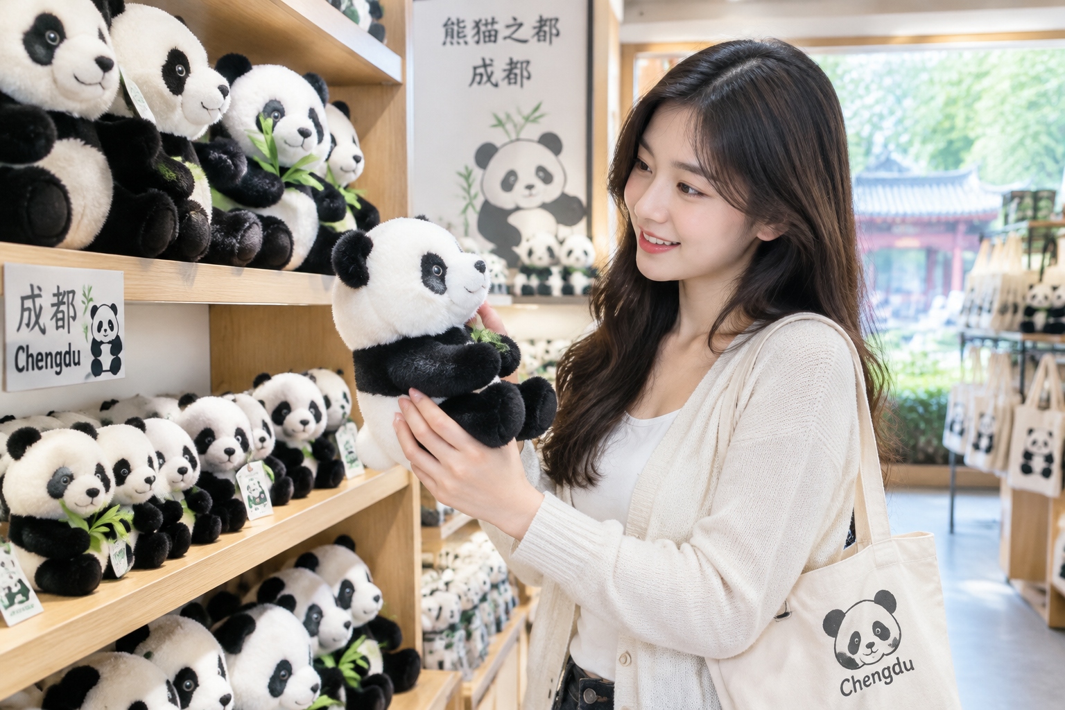 Why Pandas Became Global Cultural Icons 22 A young woman chooses a plush panda toy in a souvenir shop in Chengdu, surrounded by shelves of panda merchandise.