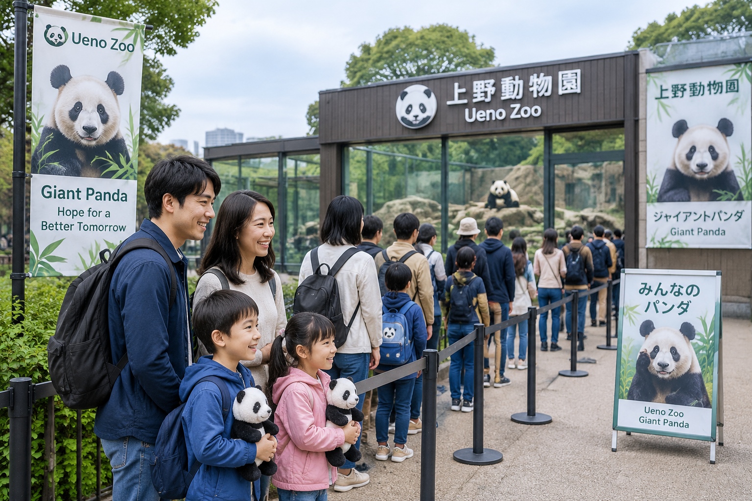 Why Pandas Became Global Cultural Icons 23 Families queue outside the giant panda enclosure at Ueno Zoo in Tokyo, with panda-themed banners and children holding toys.